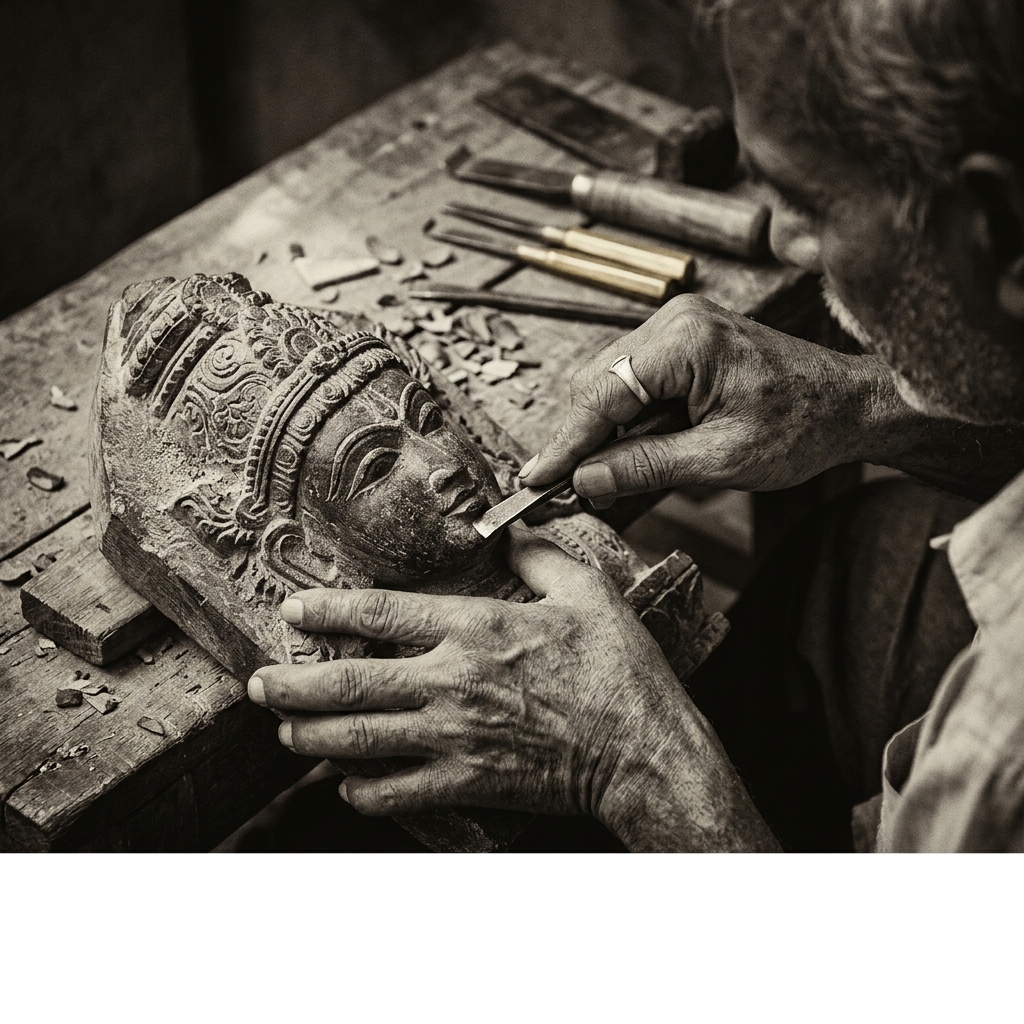Master Indian artisan hand chiseling sacred sculpture